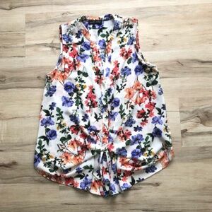 Red and Blue Relaxed Tie Front Blouse with Mandarin Collar